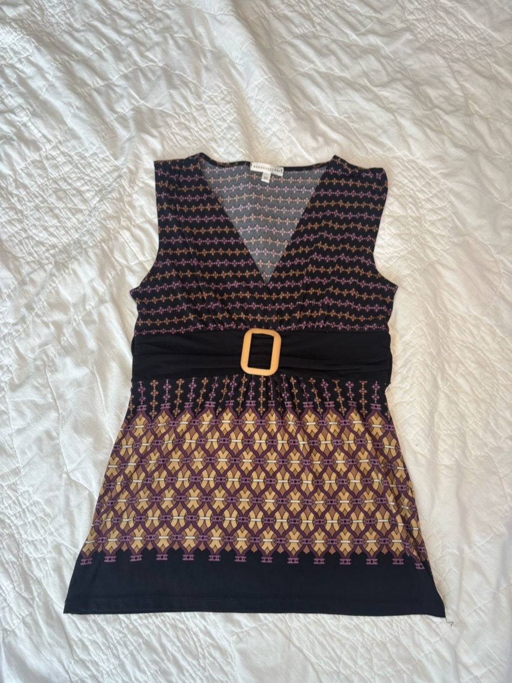 Y2K Purple and Gold Patterned V-Neck Top